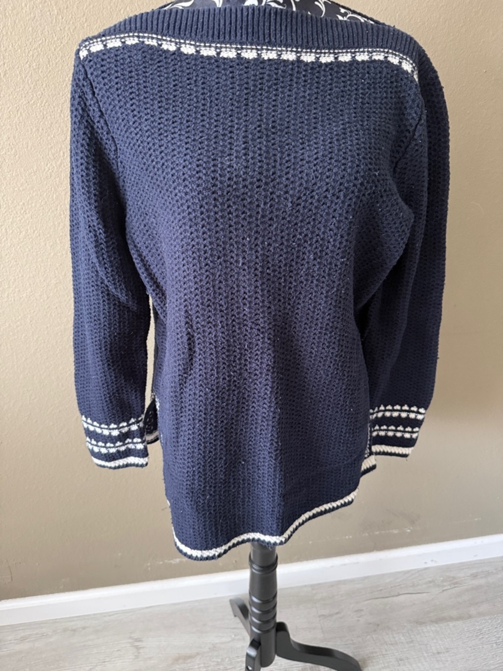 LOFT Navy Crewneck Sweater with White Trim